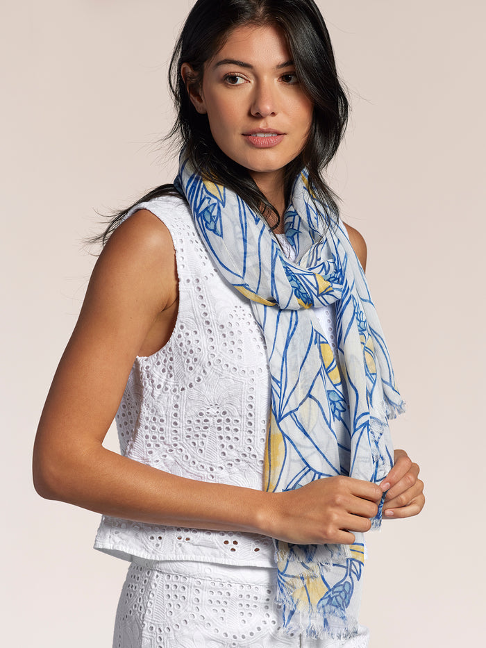 White eyelet sleeveless dress with multicolor Olena Scarf, side view and side profile.