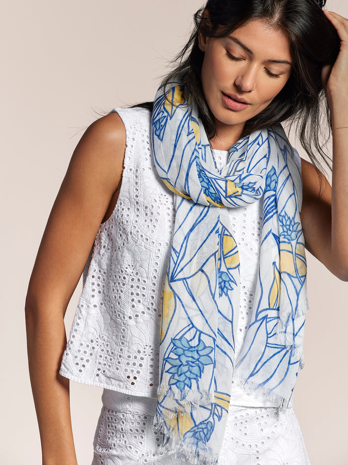 White eyelet sleeveless dress with multicolor Olena Scarf, side view and side profile.