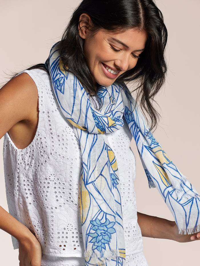 White eyelet top with light blue solid scarf, close-up front view looking down.