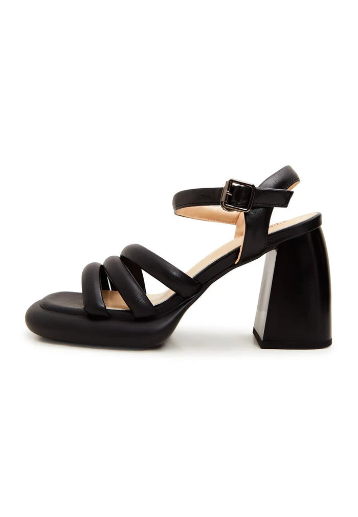A pair of stylish black leather block heel sandals for women, featuring trendy open toes.