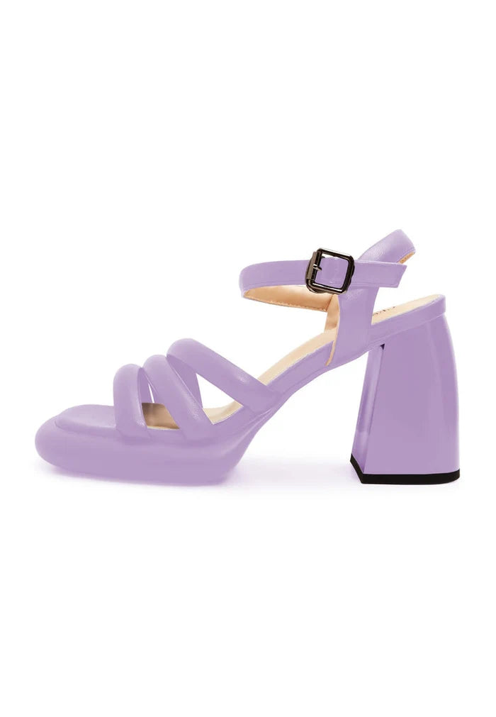 Pair of trendy lilac block heel open toe sandals, perfect for any occasion.