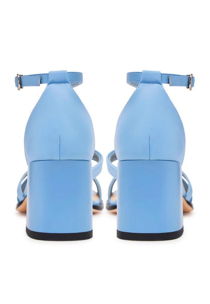 A trendy pair of women's blue leather block heel sandals, the perfect fashion statement for summer with an open toe design.