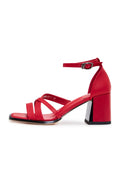 A fashionable pair of red leather block heel open toe sandals, perfect for the summer season - women's footwear.