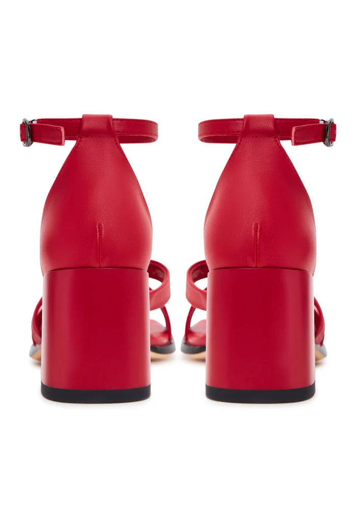 A stylish pair of red leather block heel sandals with an open toe design, perfect for the summer season, ideal for women's footwear collection.