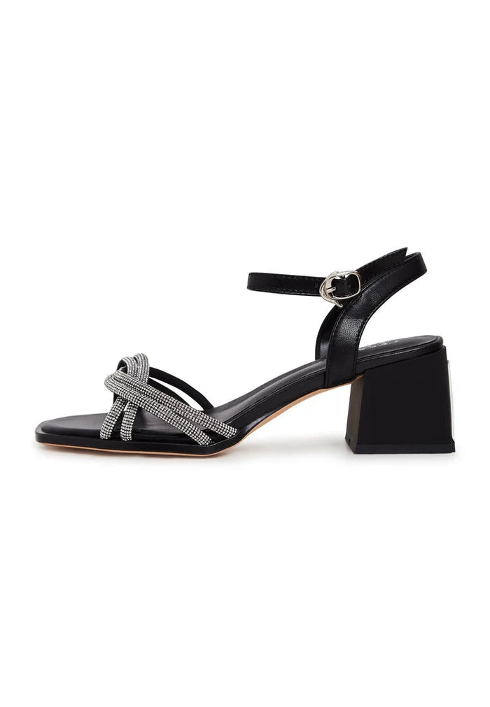 A stylish pair of black Andrea open toe sandals with leather block heels, perfect for any occasion.