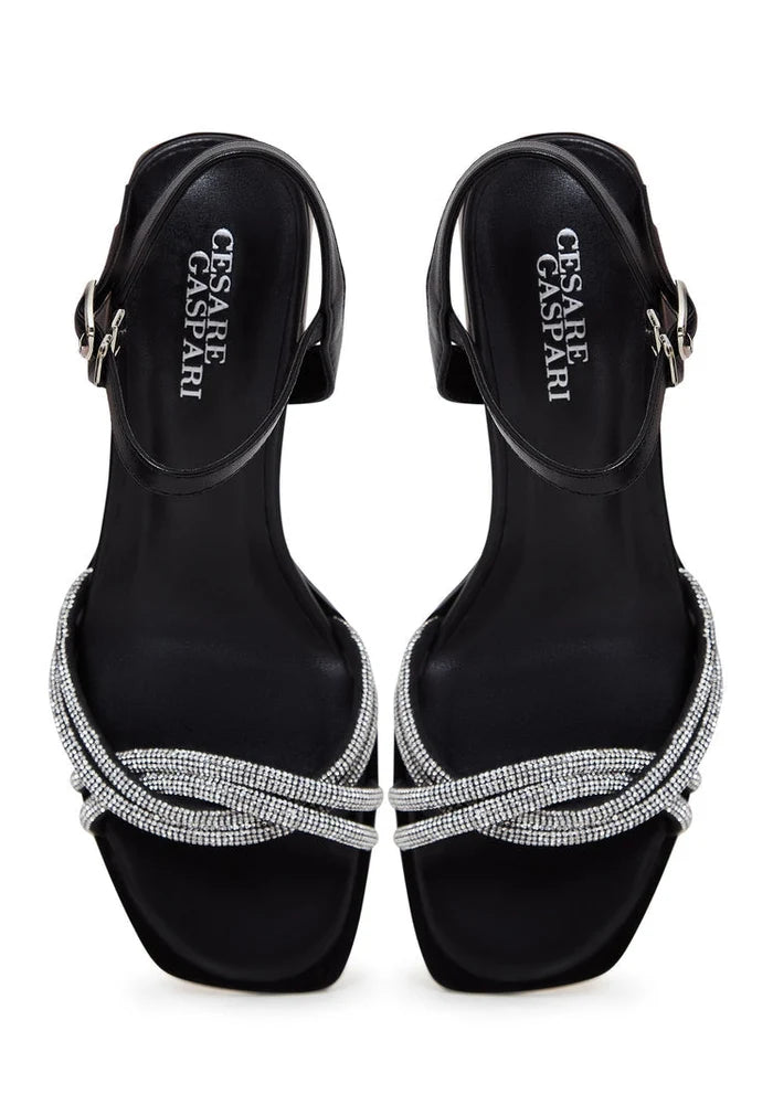 A stylish pair of black leather block heel high heel sandals with open toes, a must-have for any wardrobe, featuring the Andrea design.