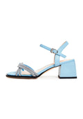 A stylish pair of blue leather Andrea sandals with open toe design and block heels.