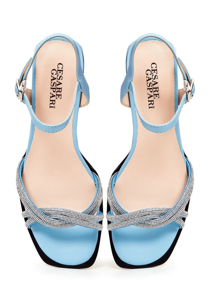 A stylish pair of Andrea open toe block heel leather sandals in blue.