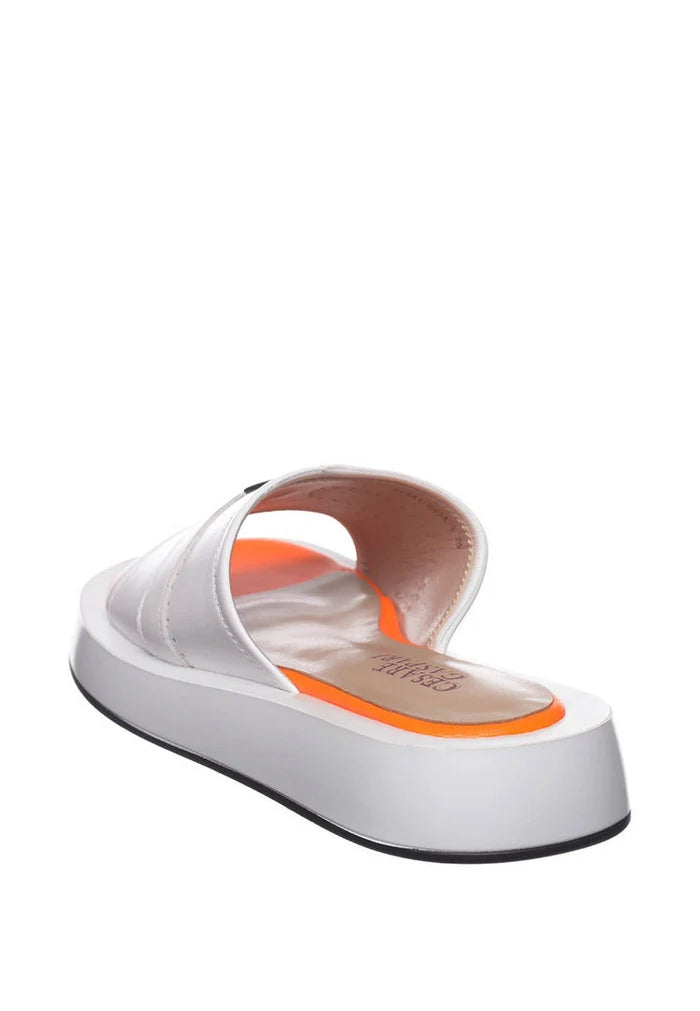 A stylish pair of leather open toe women's summer sandals by a designer.