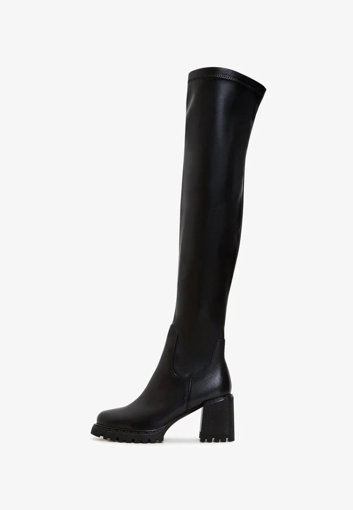 A stylish pair of trendy black over the knee block heel boots, perfect for women's fashion footwear.