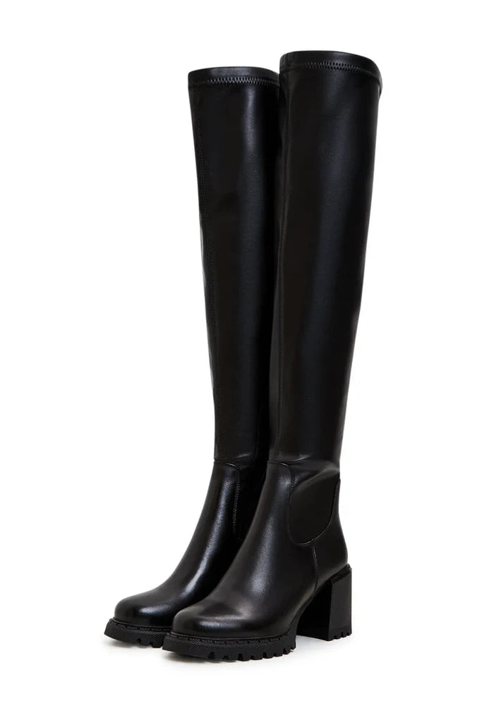 A stylish pair of black over the knee boots with a trendy block heel, perfect for women's fashion footwear.
