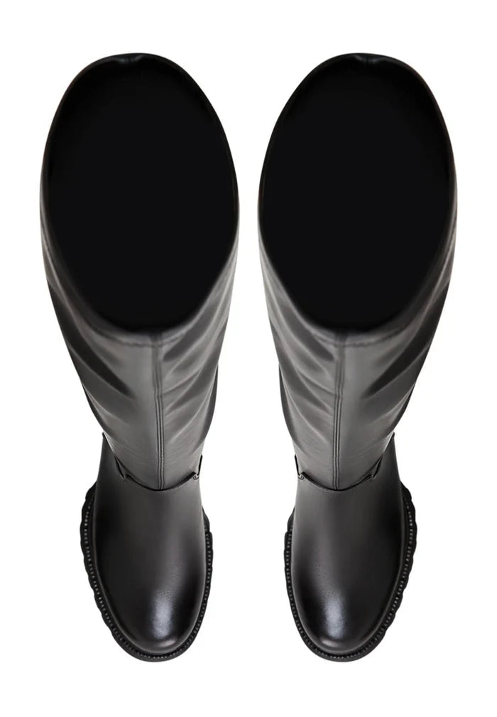 A fashionable pair of black over the knee block heel boots, the must-have for any trendsetter's wardrobe in women's fashion footwear.