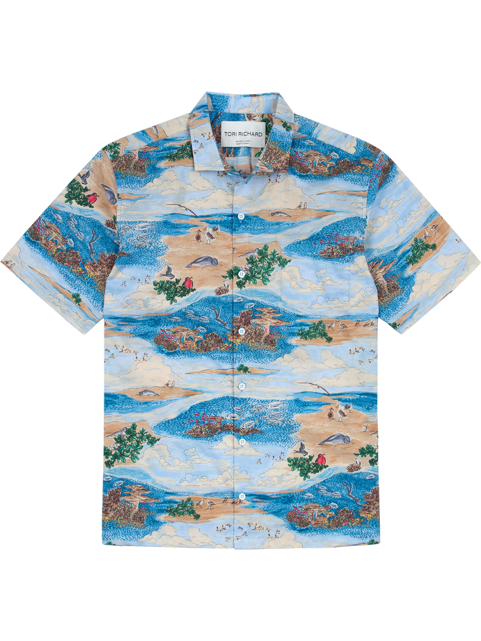 Ocean Blue, green, and beige island-print cotton short-sleeve Hawaiian shirt, flat lay front view.