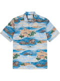 Ocean Blue, green, and beige island-print cotton short-sleeve Hawaiian shirt, flat lay front view.