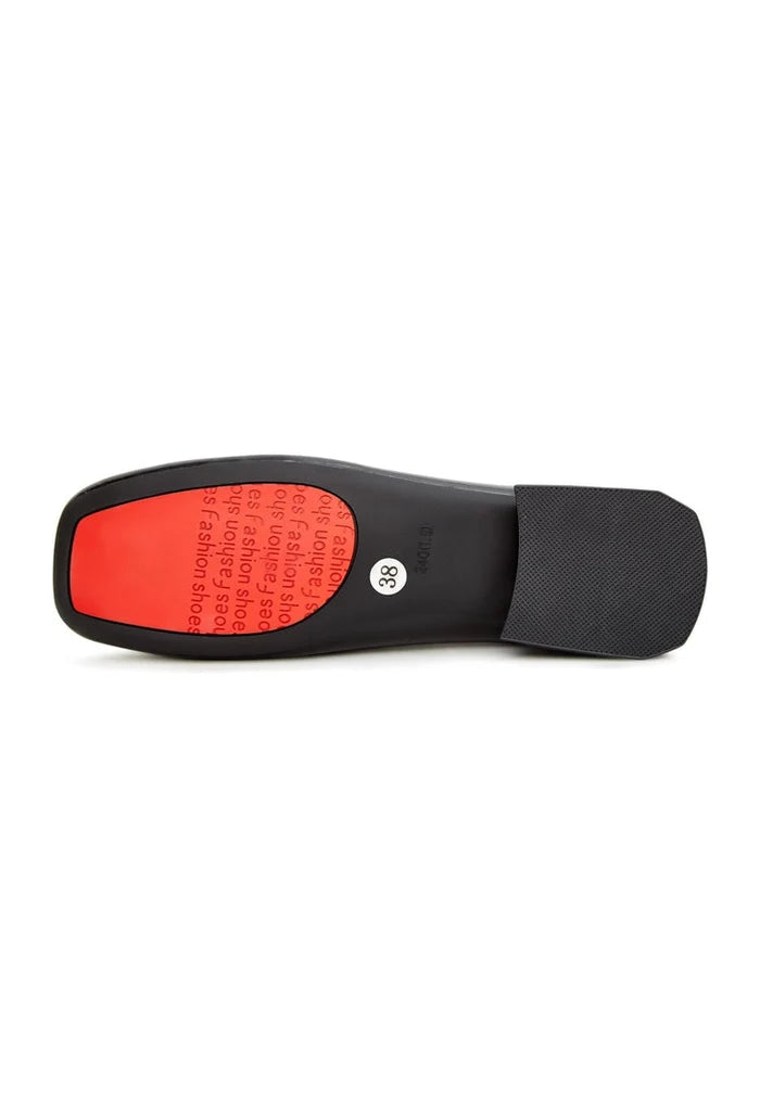 A stylish pair of black patent leather ballet flats with chic embellishments for women's fashion.