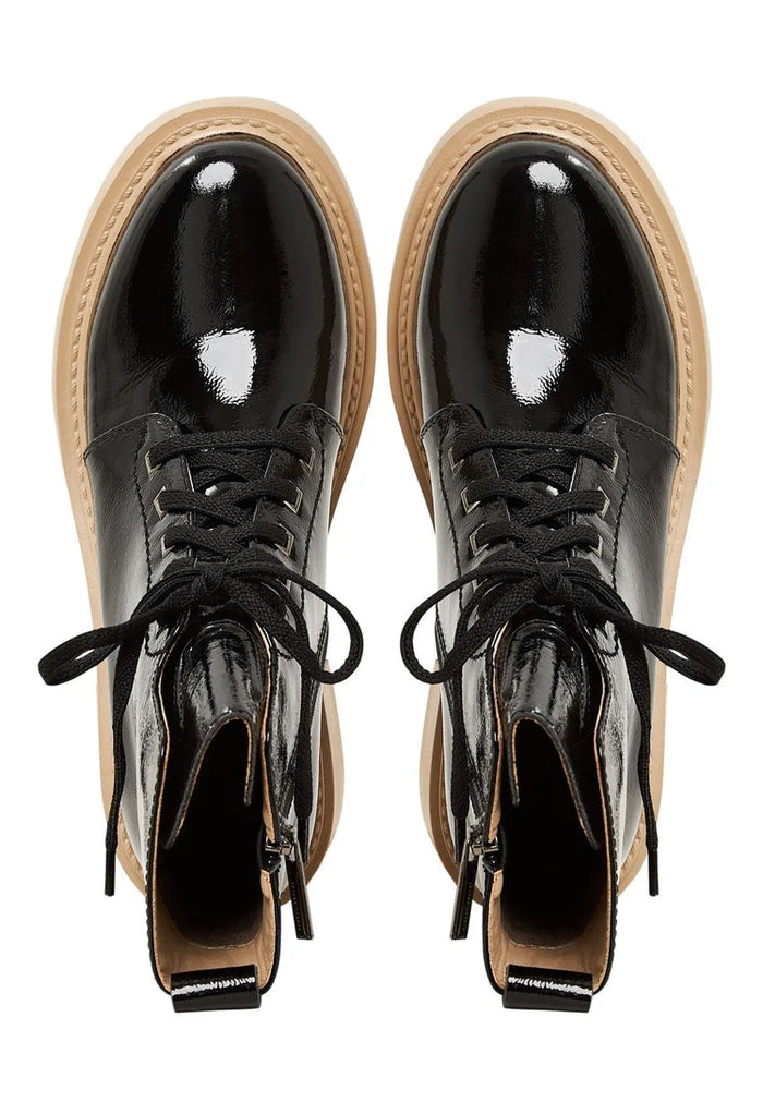 A stylish pair of black patent leather ankle boots, perfect lace-up ankle boots for women, crafted with high-quality patent leather for a chic and fashionable look.