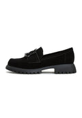 A pair of black women's platform loafers, the Jenny platform loafers, featuring a vintage style design.