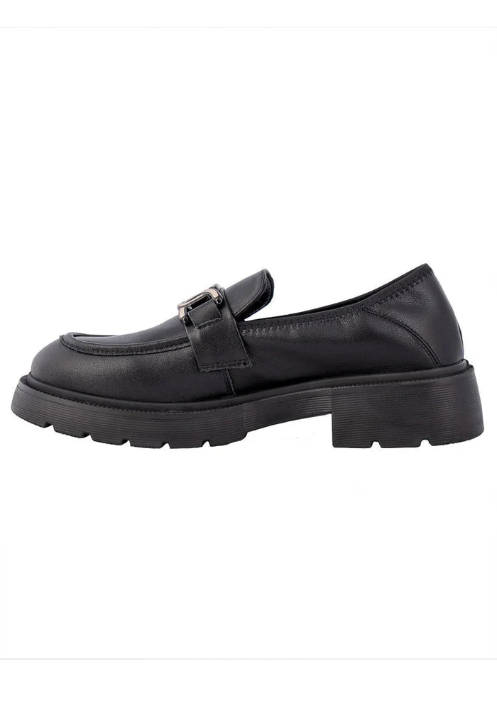 A stylish pair of Juana black platform loafers, perfect for women looking for designer flats.