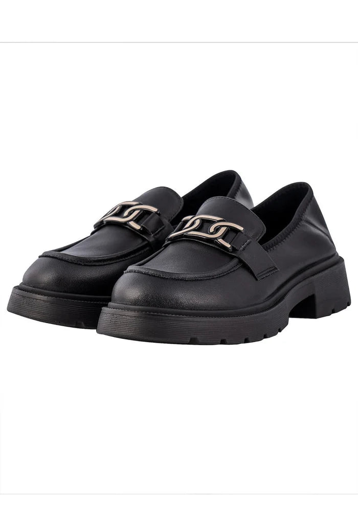 Pair of black platform loafers by Juana, stylish women's footwear for an elegant look. Classic designer flats that elevate any outfit.