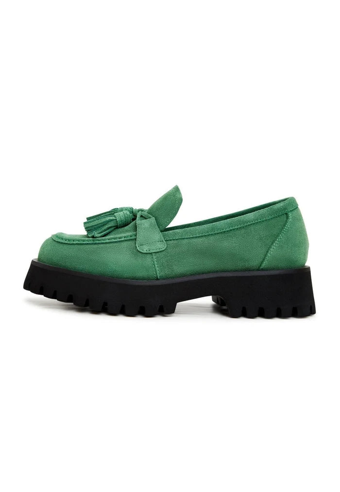 A close-up image of Ksenia women's green platform loafers, stylish and comfortable footwear for women.