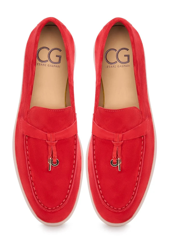 Stylish red platform moccasins, also known as Aurelia moccasins, unique red moccasin shoes with a platform sole, perfect for a fashionable look.