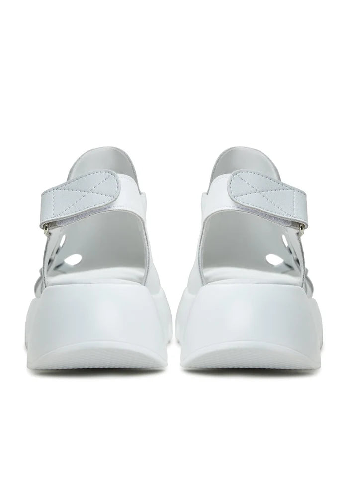 A stylish pair of white platform sandals named Amelie, available for purchase online.