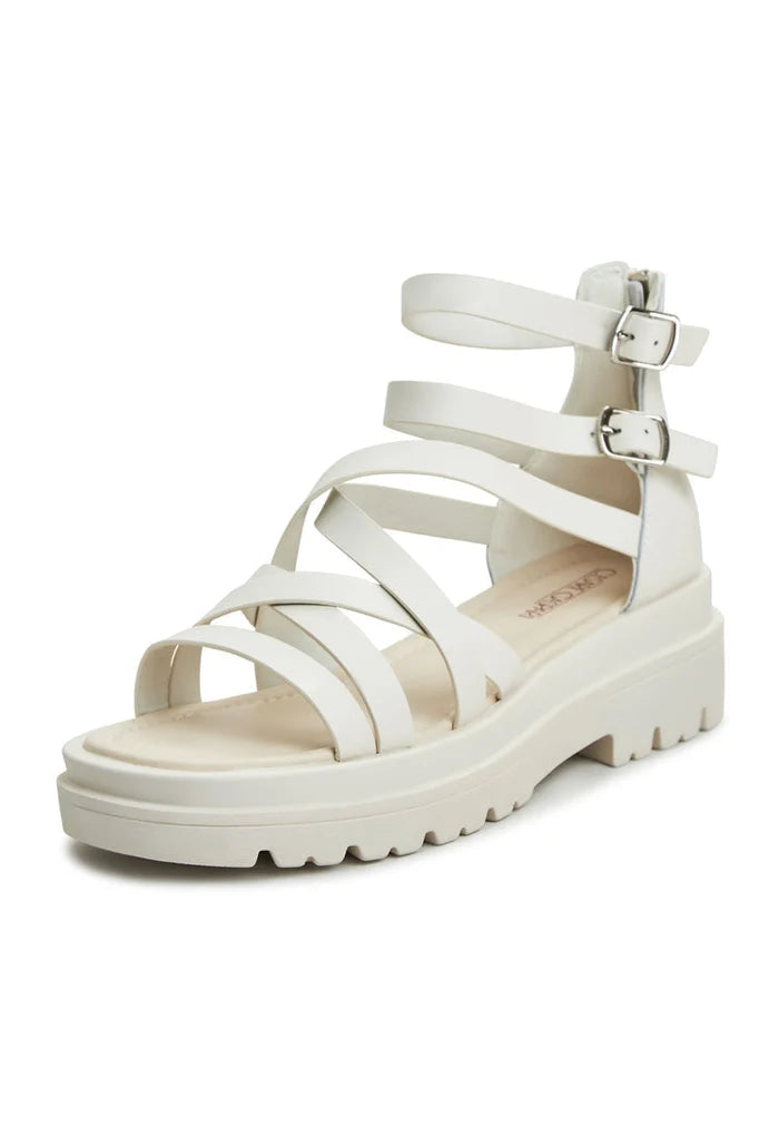 A stylish pair of white Tatiana platform sandals with wedge heels and strappy details for women.