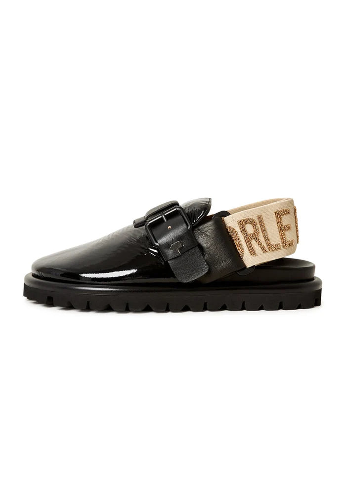 A chic pair of black Renata platform slingback slippers for women.