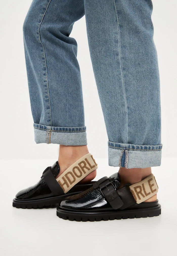 A chic pair of black women's Renata platform slingback slippers.