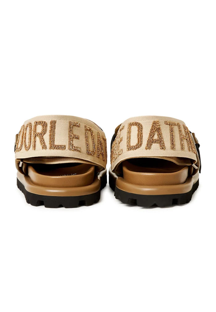 A pair of stylish khaki Renata slingback platform slippers for women.