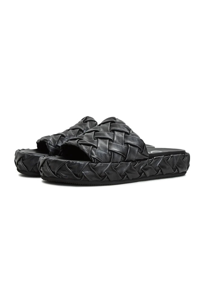 A stylish pair of black Antonella platform slippers for women, perfect for adding a trendy touch to your wardrobe with these fashion slip-on sandals.