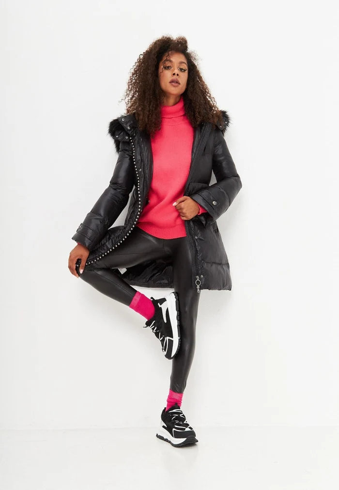 A pair of trendy black platform sneakers, perfect for staying warm in style.