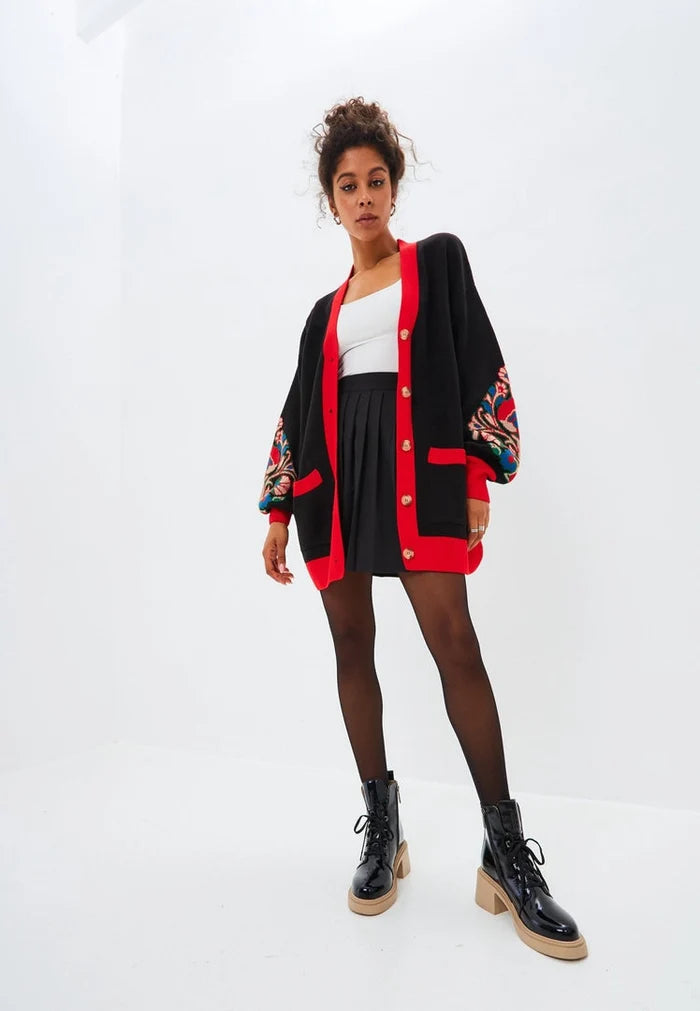 A cozy and stylish puffy sleeve oversized cardigan made of chunky knit, perfect for staying warm and trendy in colder weather.