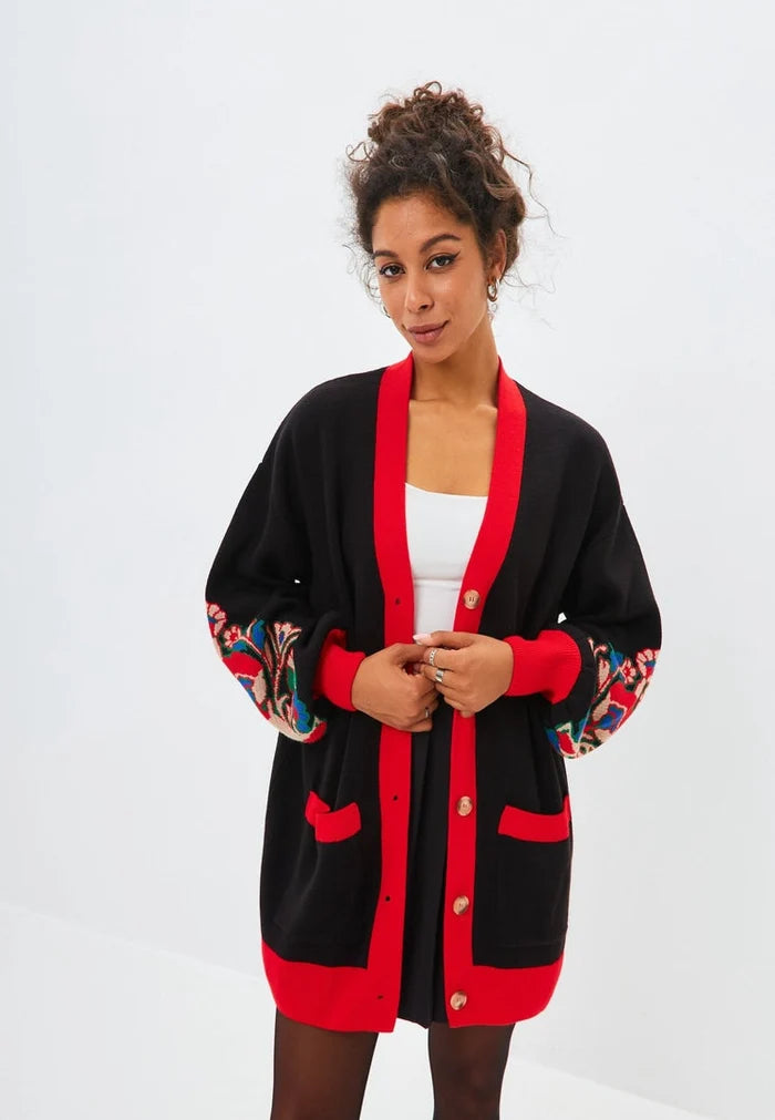 A cozy puffy sleeve oversized chunky knit cardigan, perfect for staying warm and stylish in the colder months.