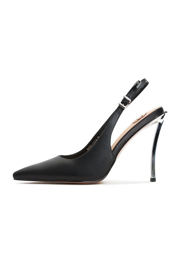 A pair of sleek metallic stiletto pumps with black heels, the perfect combination of style and sophistication for any occasion.