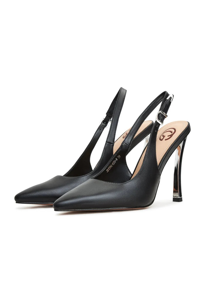 A stylish pair of metallic black stiletto pumps, perfect for adding glamour and sophistication to any outfit.