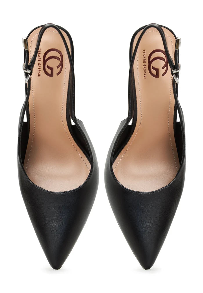 A stylish pair of black metallic stiletto pumps, the perfect statement heels for any chic outfit.