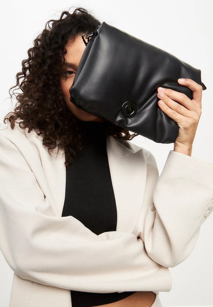 A stylish black quilted clutch bag, perfect for a night out or special occasions.