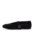 A pair of elegant black leather ballerinas with rhinestone detail, perfect for adding a touch of sparkle to any outfit. Ideal for women seeking stylish and comfortable dress shoes.