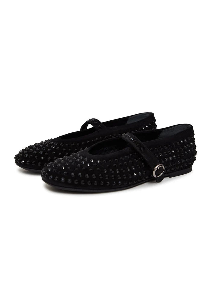 A stylish pair of black leather ballerinas adorned with rhinestones, perfect for adding a touch of sparkle to any outfit. Ideal women's dress shoes for a touch of glamour.