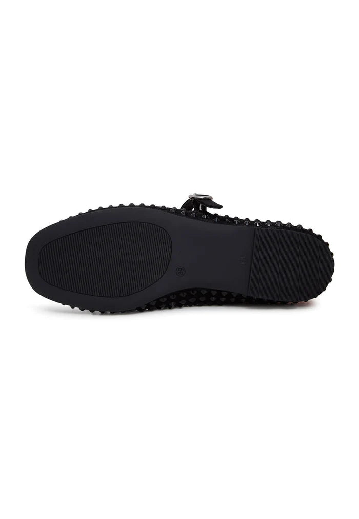 Black leather ballerinas with rhinestones for a touch of sparkle - the perfect women's dress shoes.