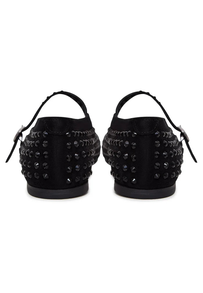 A stunning pair of black leather ballerinas with rhinestone accents, perfect for adding some sparkle to your wardrobe. Perfect women's dress shoes for any occasion.