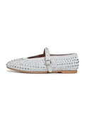 A close-up image of sparkling silver leather women's rhinestone ballerina flats, perfect for adding a touch of elegance and flair to any outfit.