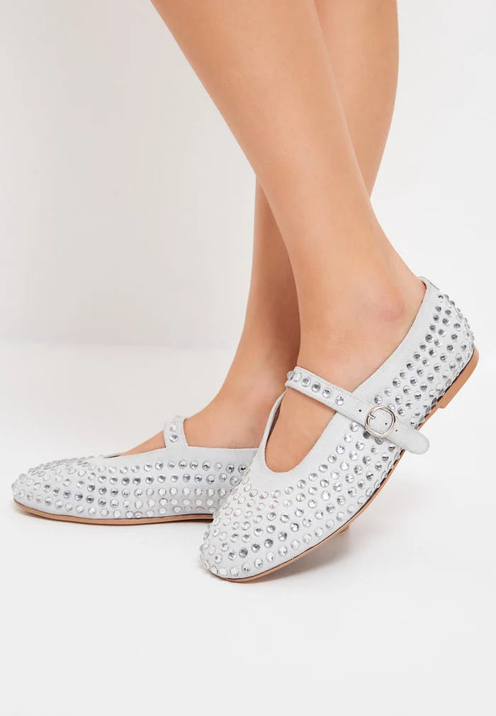 A pair of elegant silver leather rhinestone ballerinas, perfect for adding a touch of sparkle to any outfit.