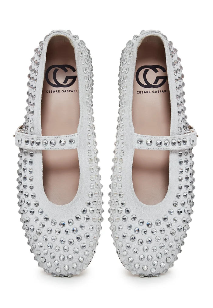 A stylish pair of silver leather rhinestone ballerinas perfect for glamorous women's fashion.