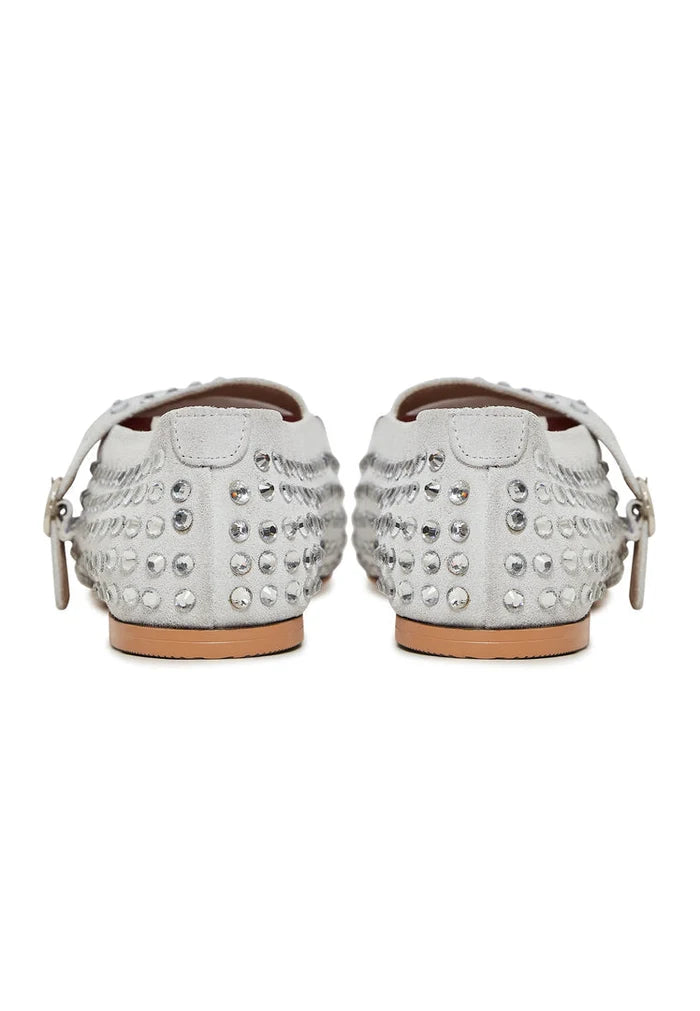 A pair of stylish silver leather rhinestone ballerina flats for women with sparkling embellishments.