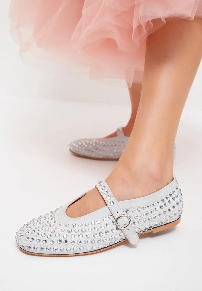 Pair of elegant silver leather ballerinas adorned with rhinestones, perfect for a glamorous touch to any outfit.