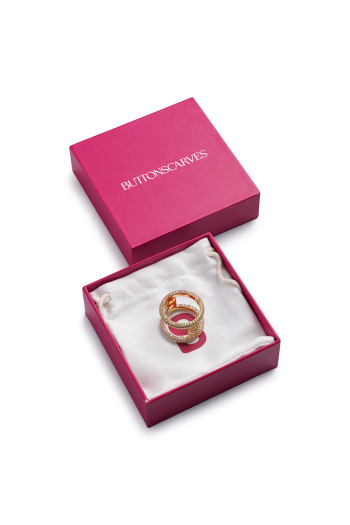 sandra ring brooch in gold by buttonscarves packaging details