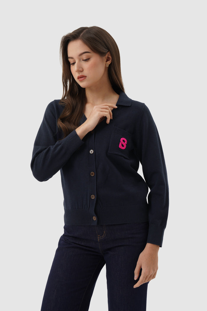 signature cardigan in navy by buttonscarves front view