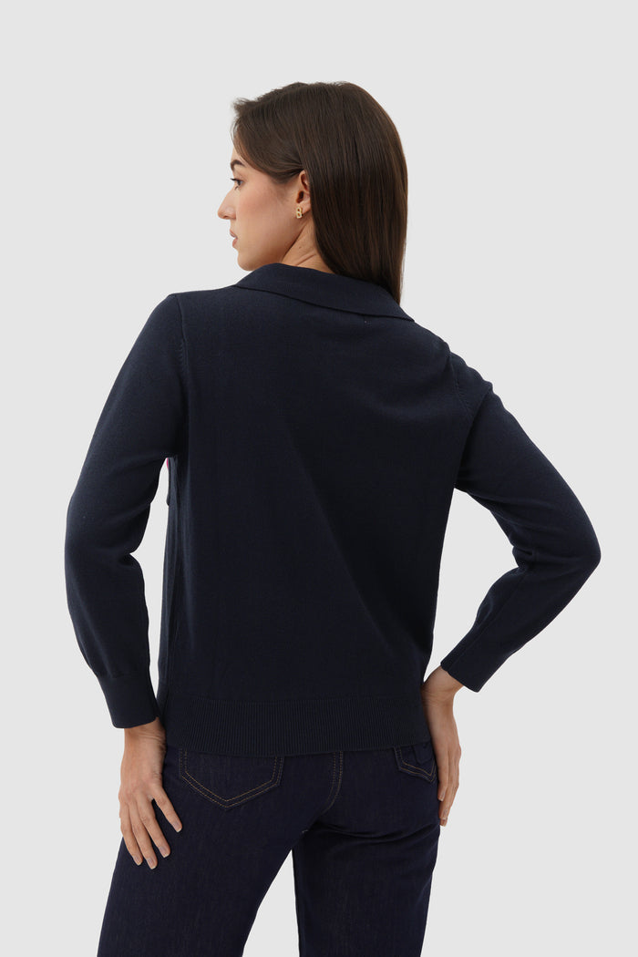 signature cardigan in navy by buttonscarves back view